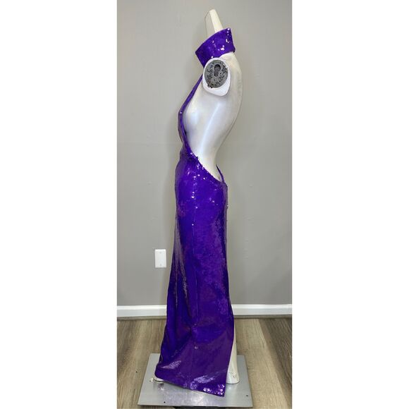 NWT LaQuan Smith Halter Open Back Sequin Bodycon Maxi Gown Grape Large $2550 - Picture 9 of 12